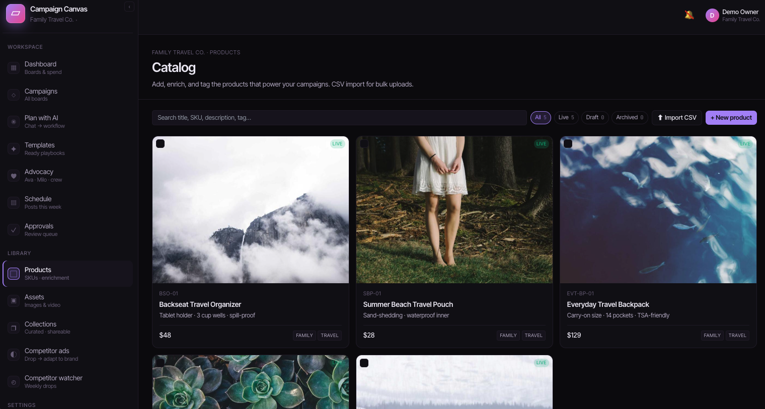 Product catalog — Kampana platform